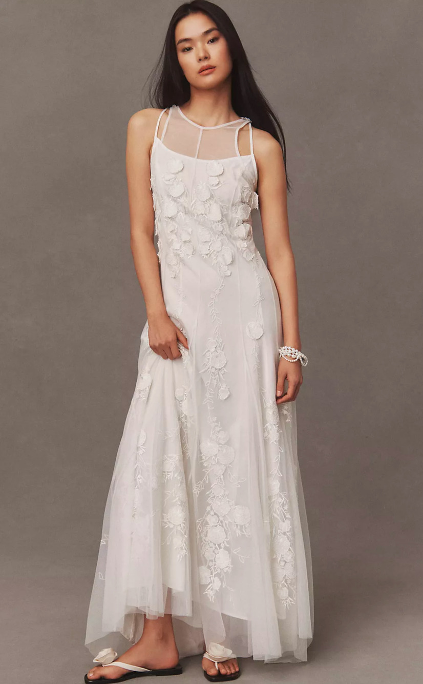 BHLDN Anthropologie Calla Size S Floral Applique Tulle Wedding Dress